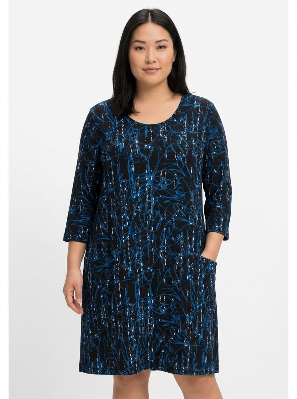 NWT Ulla Popken Blue 3/4 Sleeve Knee Length Abstract Dress Women Size 20/22
